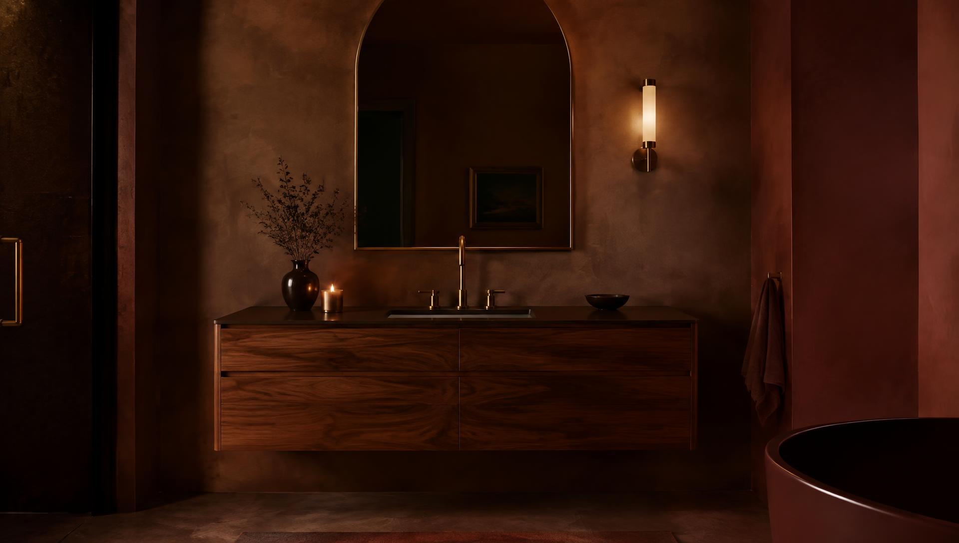 Walnut floating vanity beneath an arched brass mirror